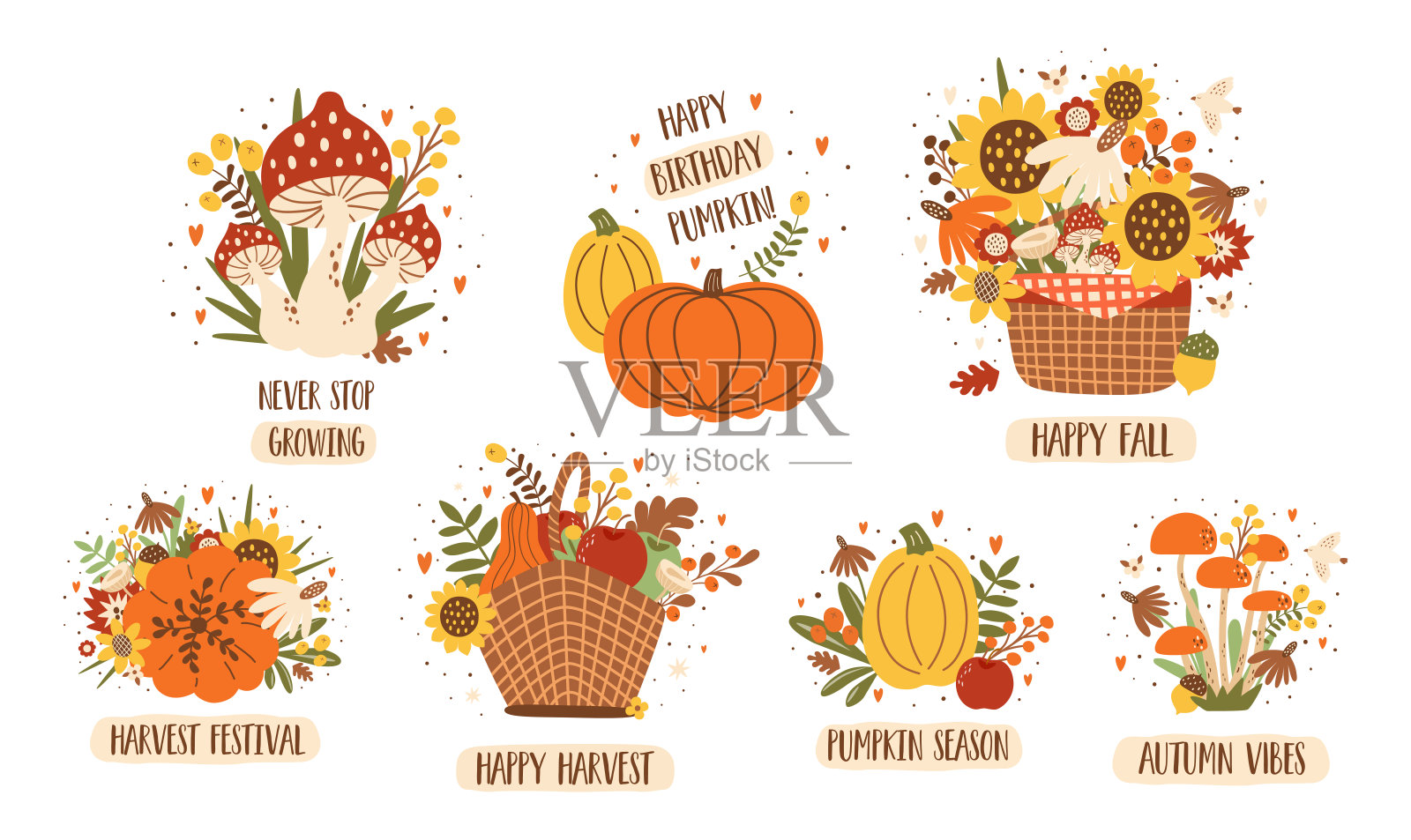 收获的篮子。秋季蔬菜篮子，秋季花束，蘑菇，向日葵。秋收的元素。插画图片素材