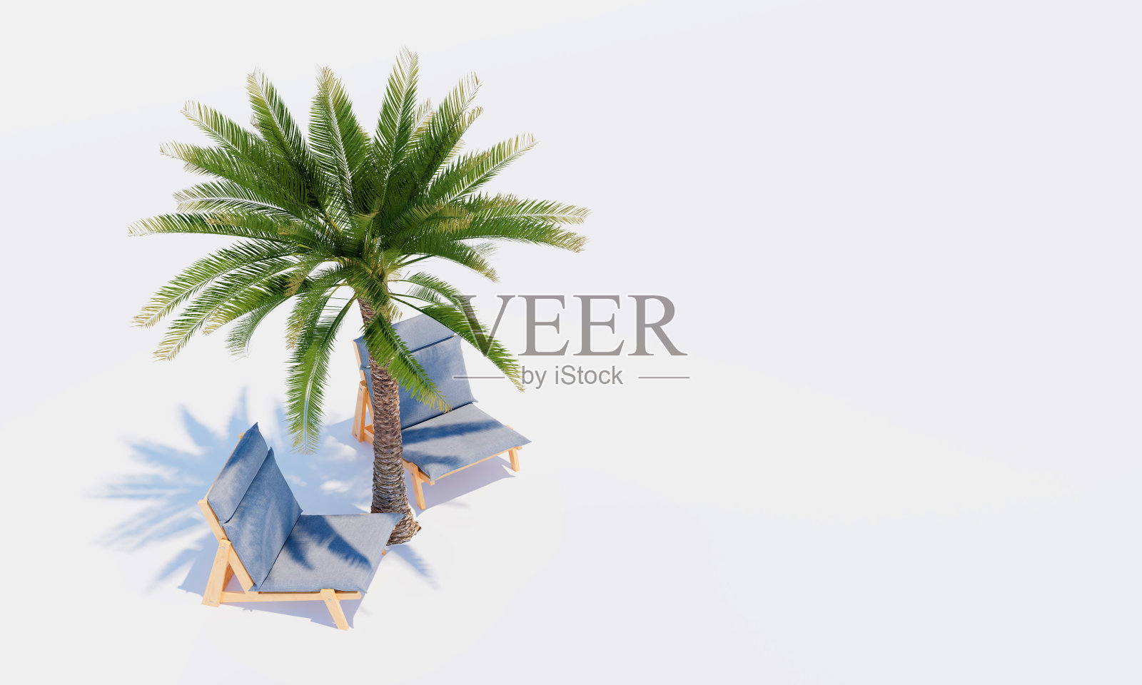 白色背景上的棕榈树和两把沙滩椅。三维渲染照片摄影图片
