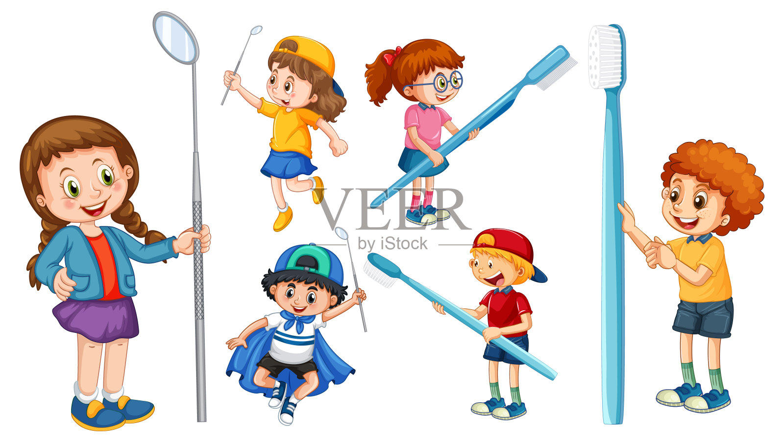 一套快乐的孩子持有牙刷和牙科镜子在白色背景插画图片素材