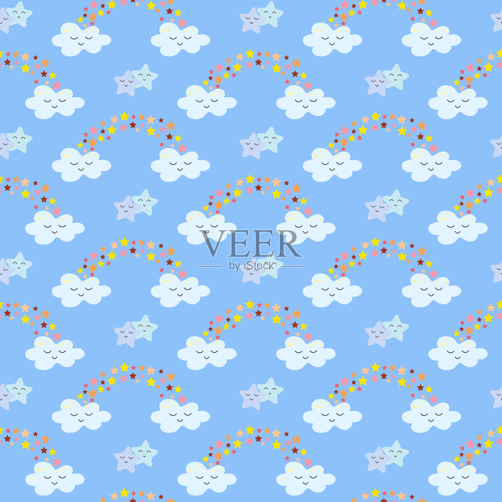 孩子气的可爱图案与彩虹和星星在浅蓝色的背景。矢量图。插画图片素材