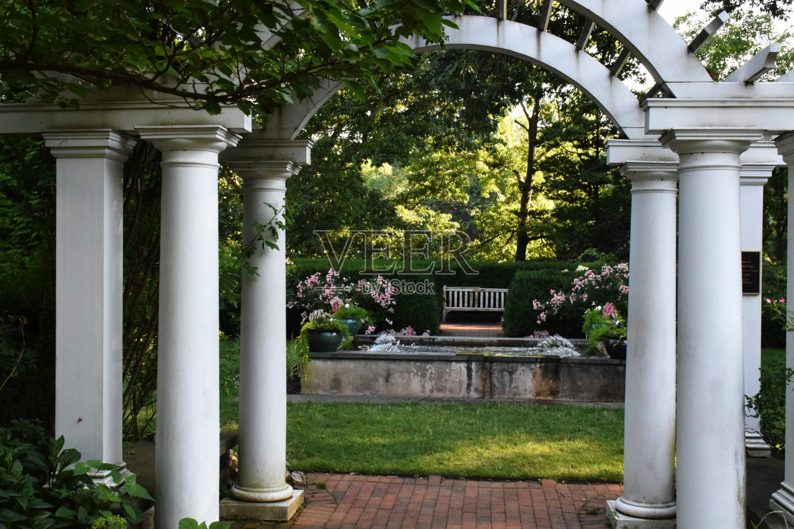 透过凉亭看花园照片摄影图片