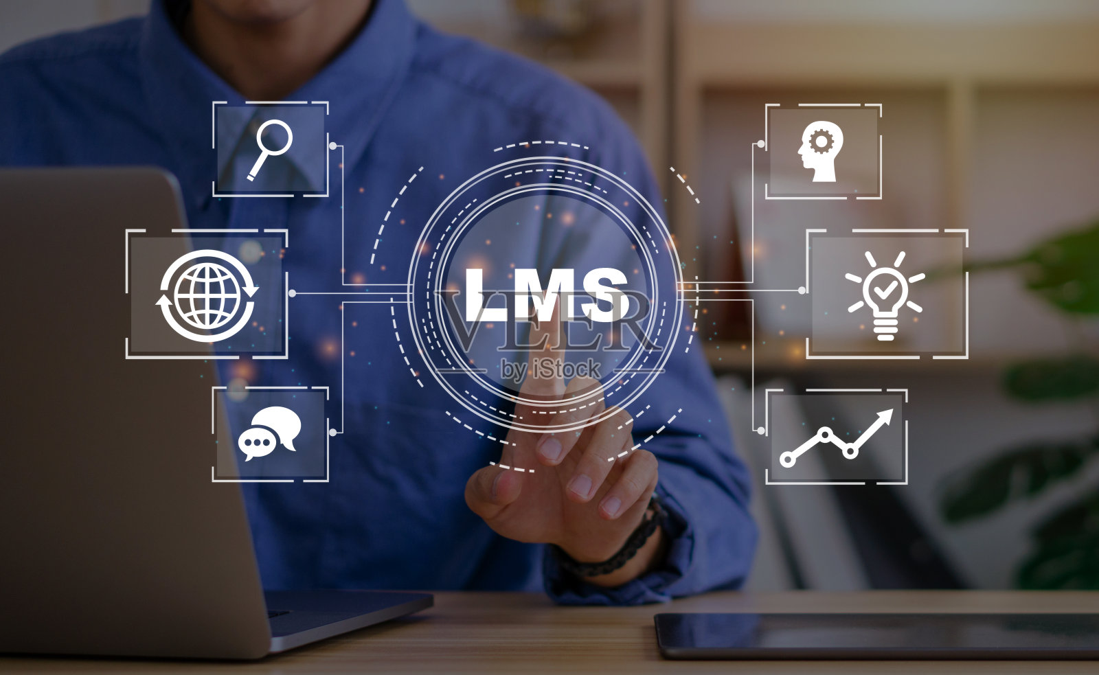 LMS -学习管理系统的课程和在线教育，课程，应用，研究，e学习，知识无处不在和每一次。LMS图标。照片摄影图片