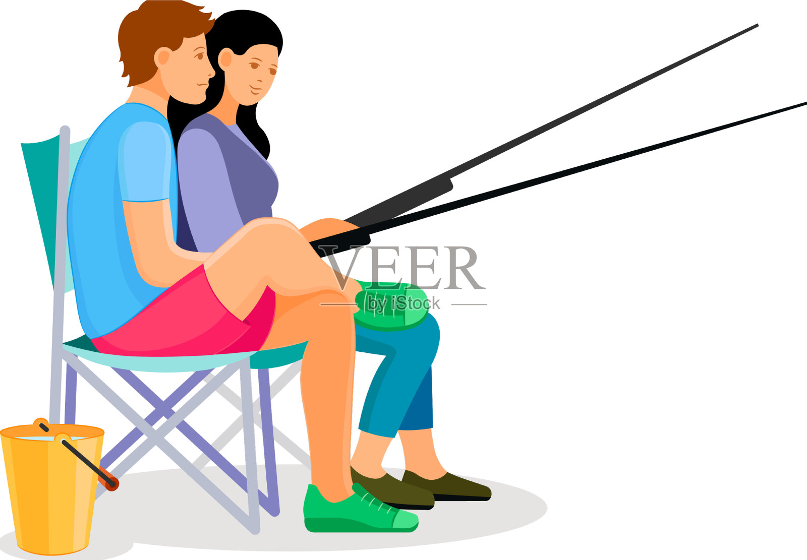 一对夫妇在湖边的椅子上用鱼竿钓鱼设计元素图片