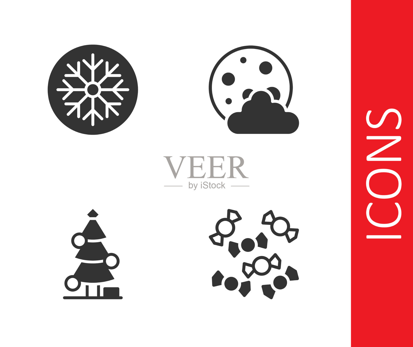 设置糖果雪花圣诞树和夜晚图标素材