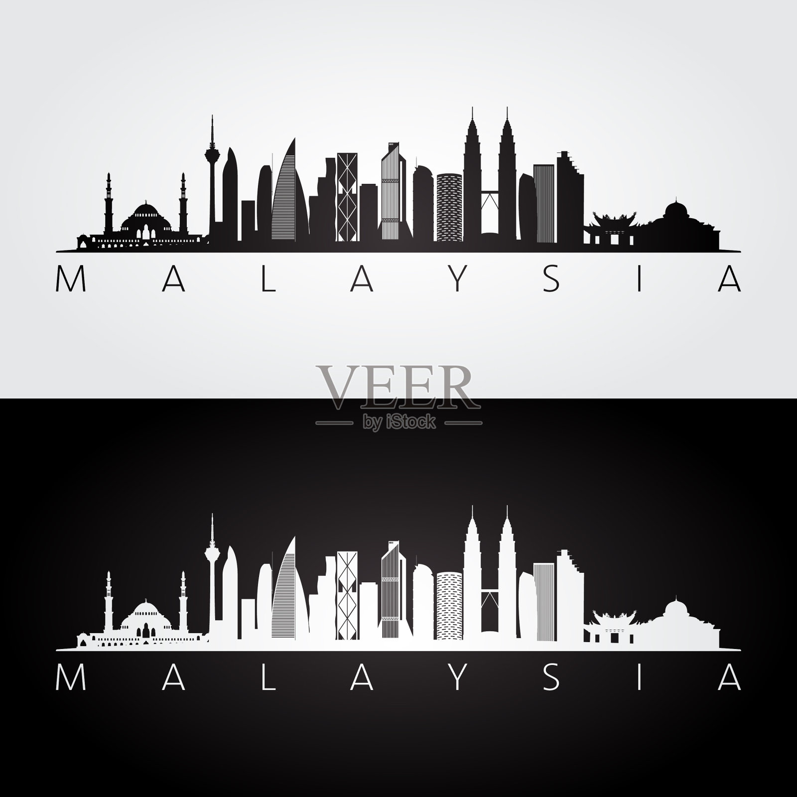 马来西亚天际线和地标剪影插画图片素材