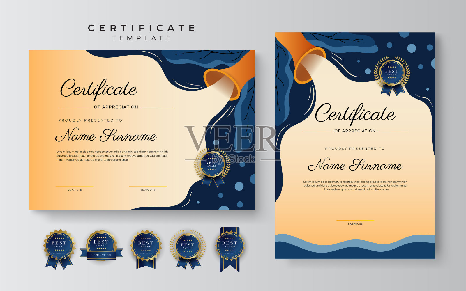 现代色彩丰富的成就证书边界模板与豪华徽章和现代线条图案。为了奖励、商业和教育需求设计模板素材