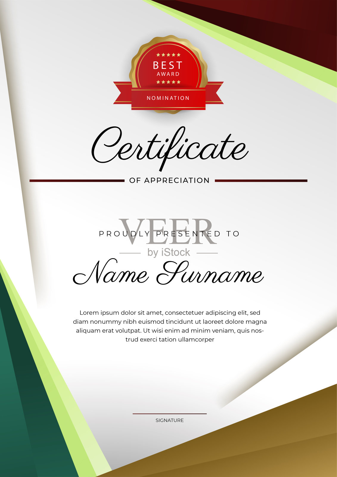 现代优雅彩色文凭证书模板。具有豪华徽章和现代线条图案的成就证书边框模板。为了奖励、商业和教育需求设计模板素材