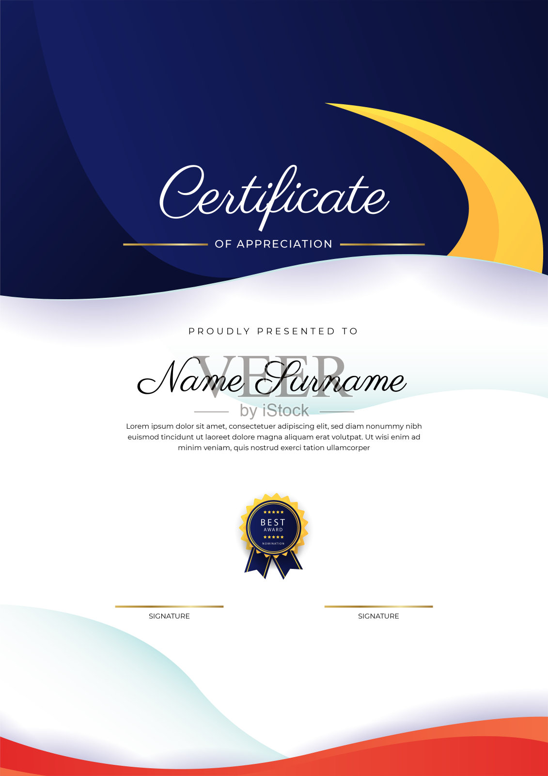 现代优雅彩色文凭证书模板。具有豪华徽章和现代线条图案的成就证书边框模板。为了奖励、商业和教育需求设计模板素材