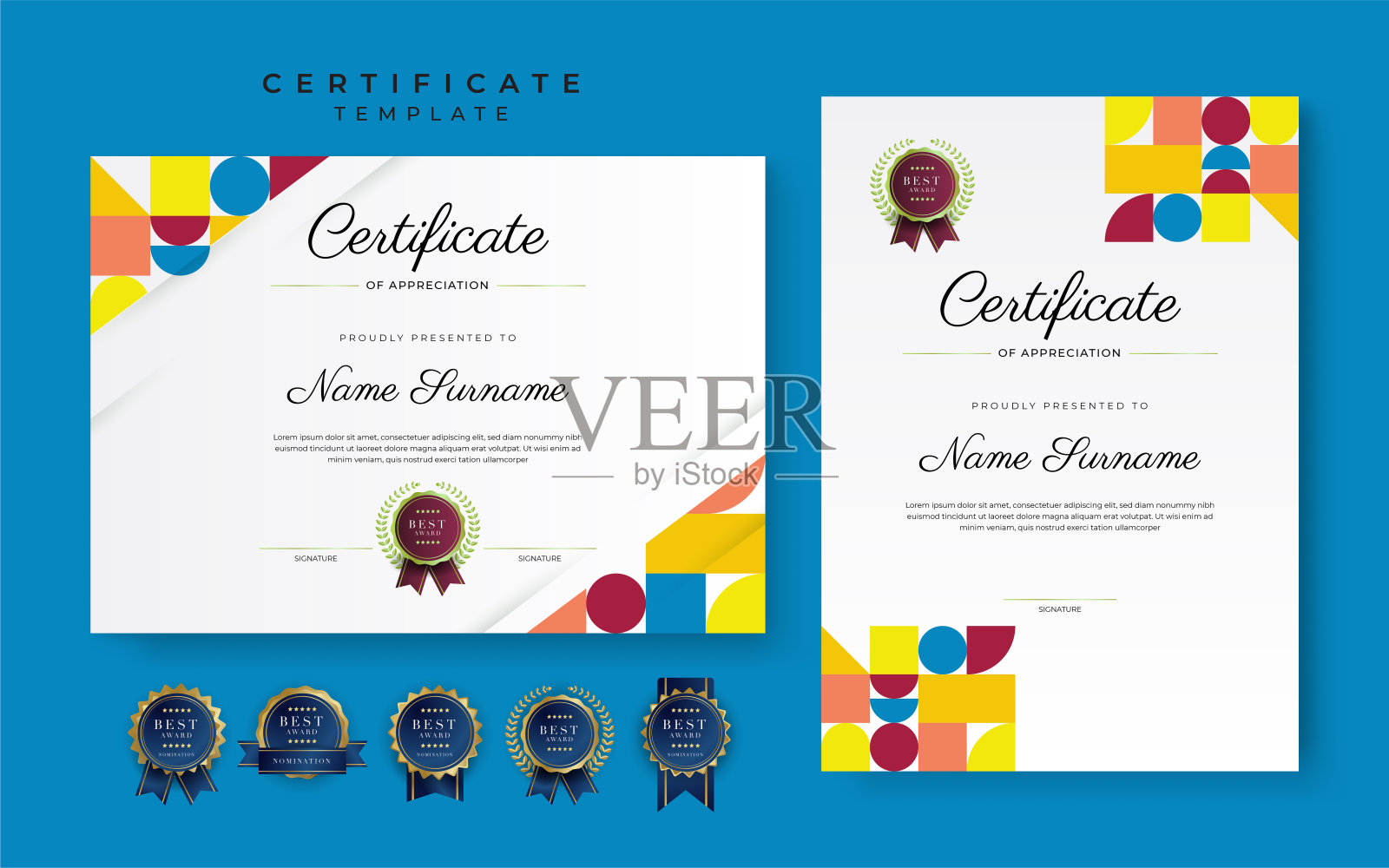 现代蓝色的成就证书边框模板与豪华徽章和现代线条图案。为了奖励、商业和教育需求设计模板素材