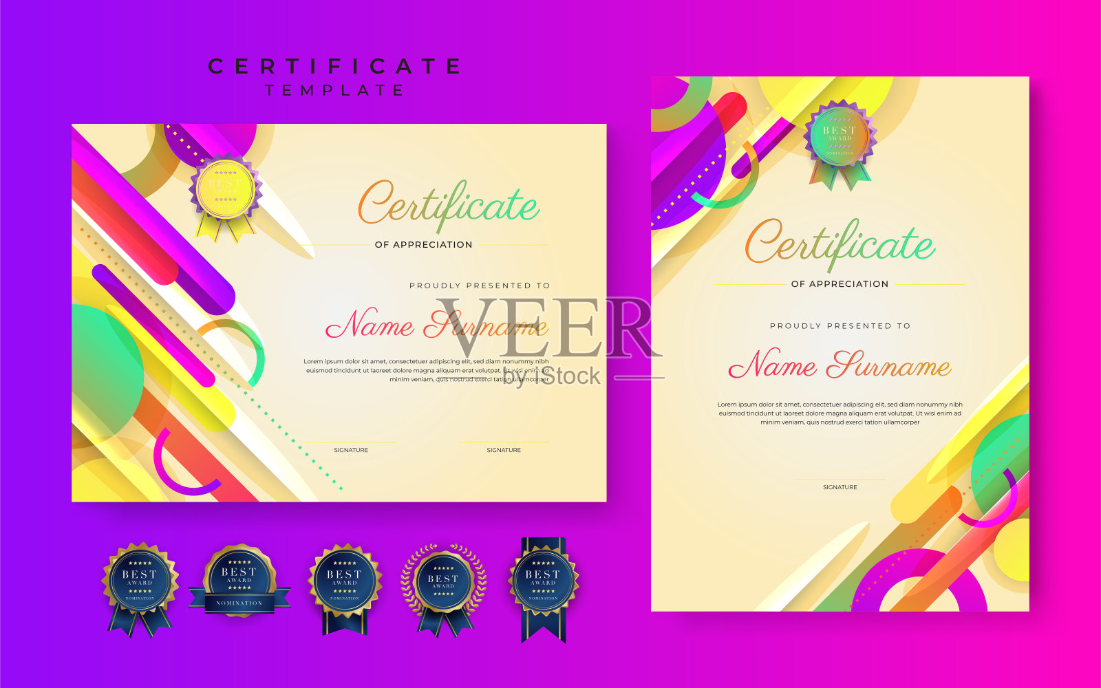 现代蓝色的成就证书边框模板与豪华徽章和现代线条图案。为了奖励、商业和教育需求设计模板素材