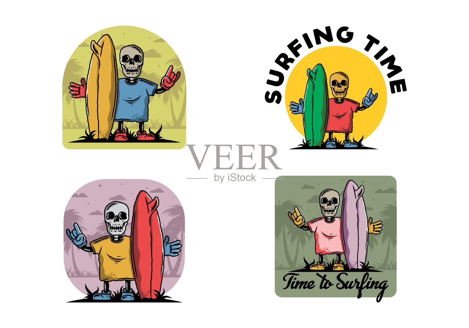 小头骨拿着一个冲浪板插图设计插画图片素材