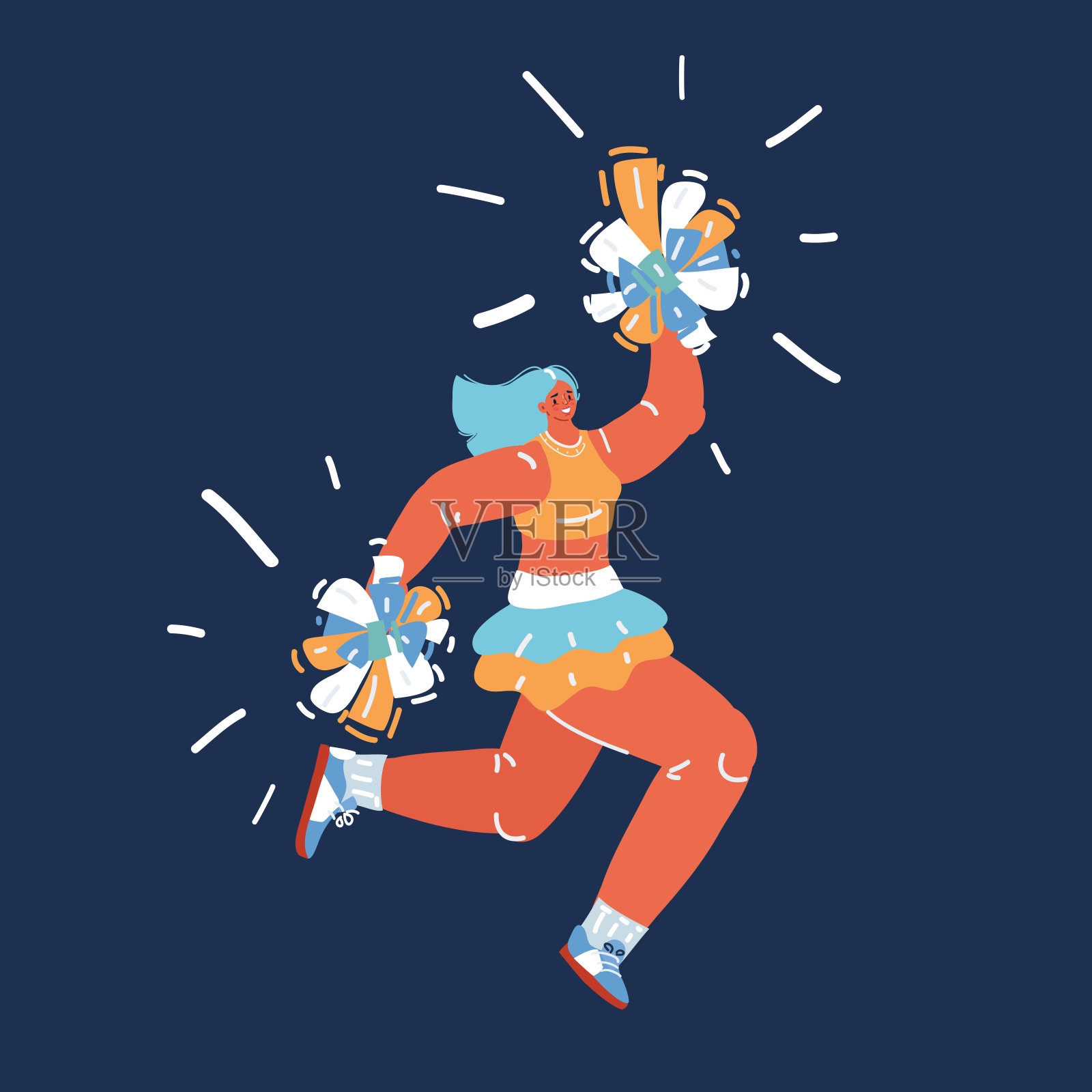 矢量插图，穿着制服的啦啦队长在黑暗的背景上高跳。插画图片素材