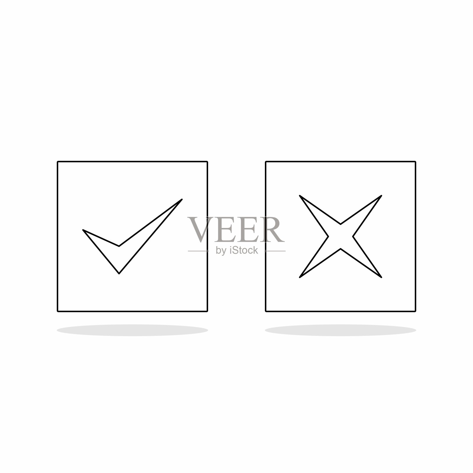 检查和错误标记，勾选和交叉标记，接受/拒绝，批准/不批准，是/否，对/错，绿色/红色，正确/错误，Ok/不Ok -矢量标记符号。黑色轮廓设计。孤立的图标。图标素材