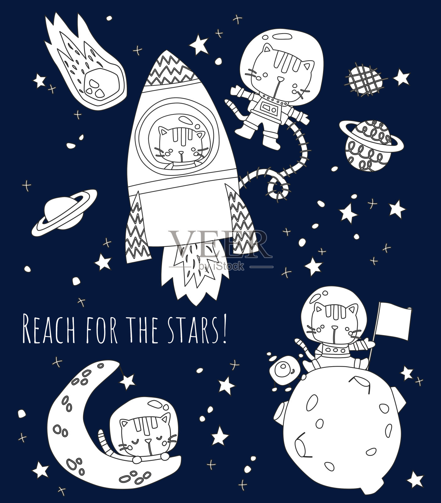 猫在空间着色插画图片素材