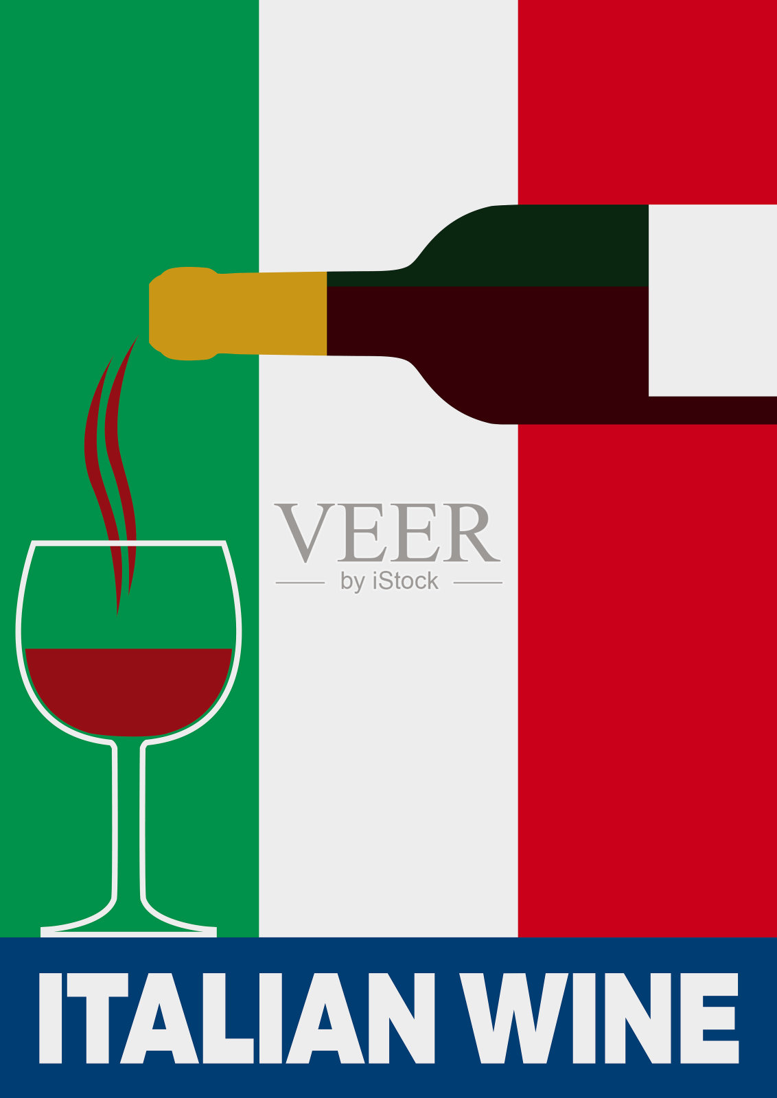 以意大利国旗为背景，将葡萄酒倒入玻璃杯中。向量插图为海报，封面或广告。插画图片素材
