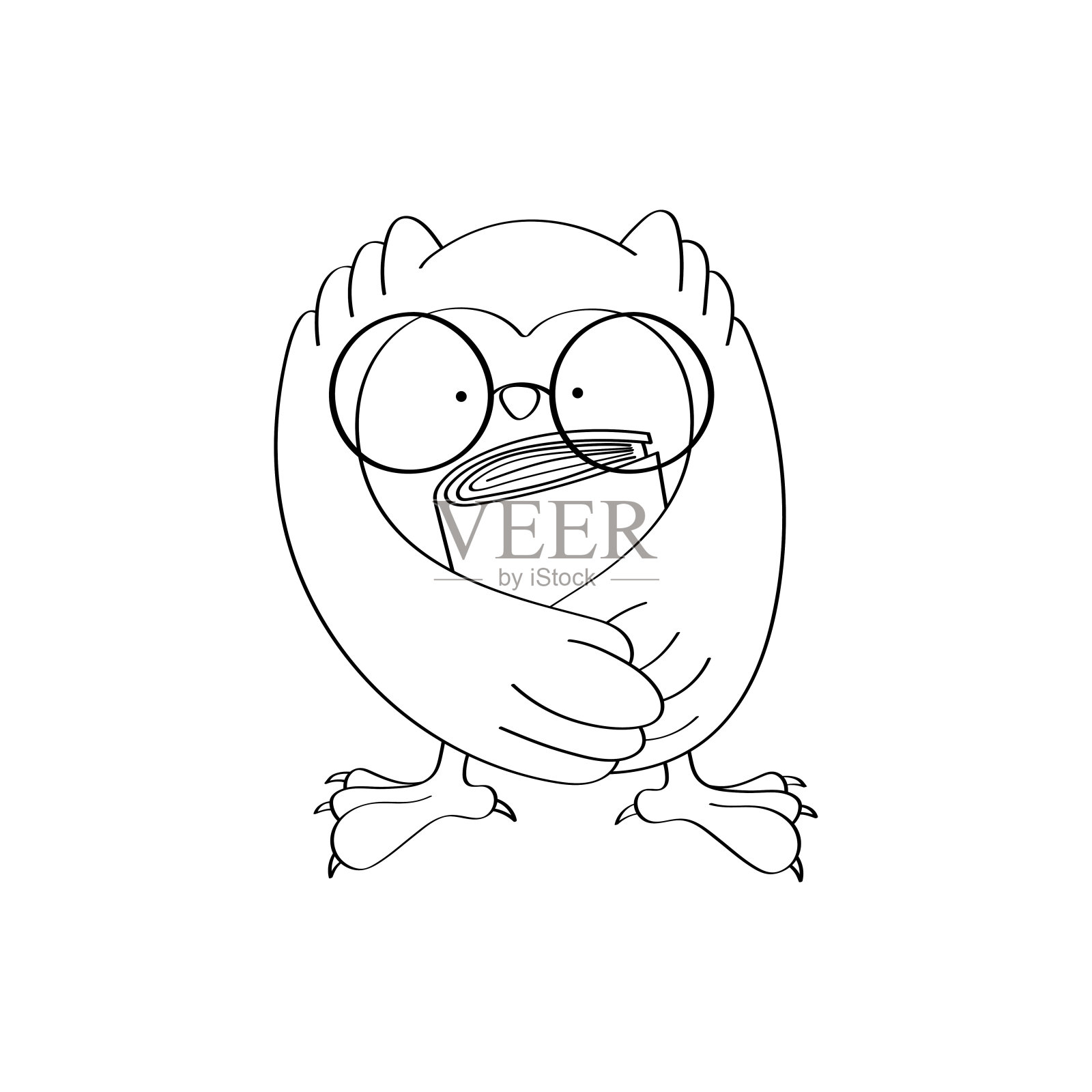 猫头鹰剪贴画着色页在可爱的卡通风格美丽的剪贴画猫头鹰在眼镜与书的黑白。为衣服打印的鸟的矢量插图，贴纸，婴儿淋浴邀请。设计元素图片