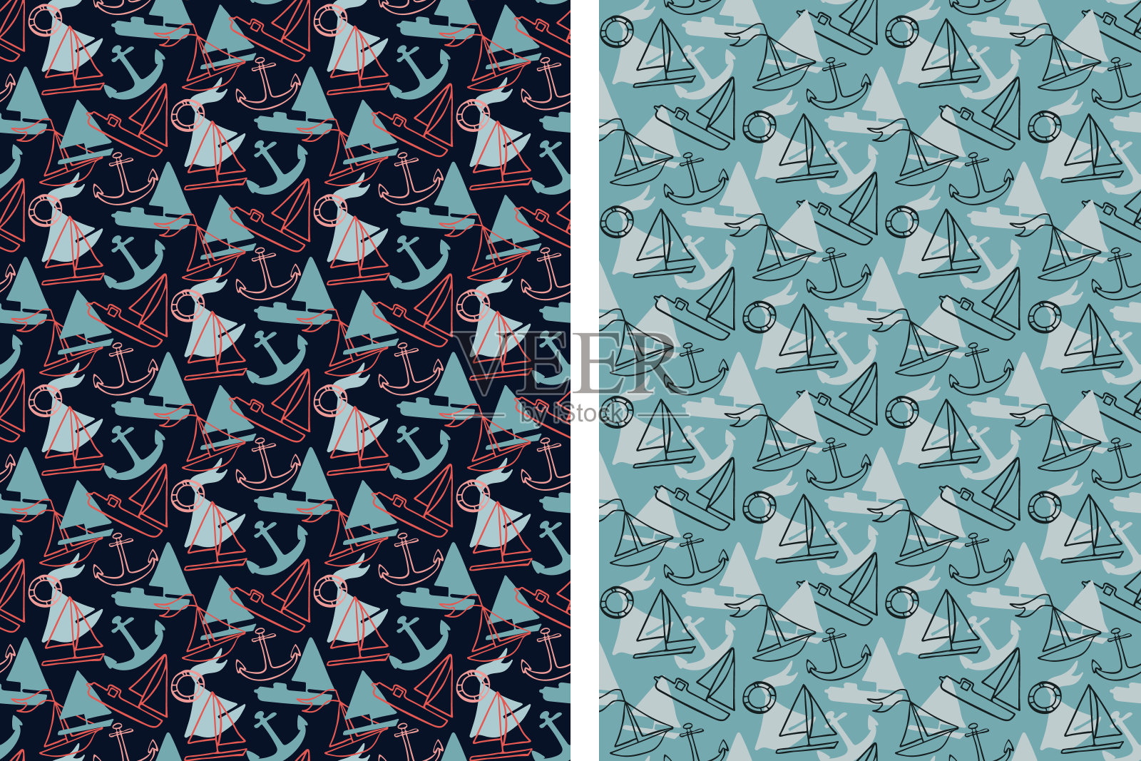 船舶无缝图案，一套2。手绘涂鸦卡通风格。蓝色，灰色，红色色调。几何网格表面层。透明背景。向量插画图片素材