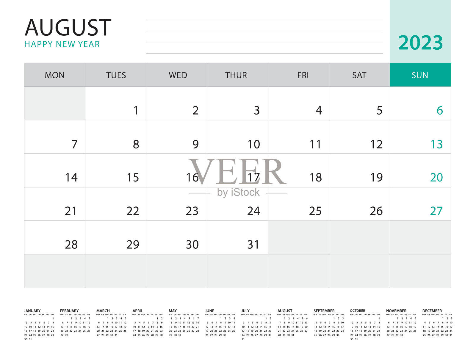 2023年8月2023日日历模板矢量绿色背景，星期星期一开始，桌面日历2023年，墙日历设计，企业计划模板，文具，组织者日记，矢量设计模板素材