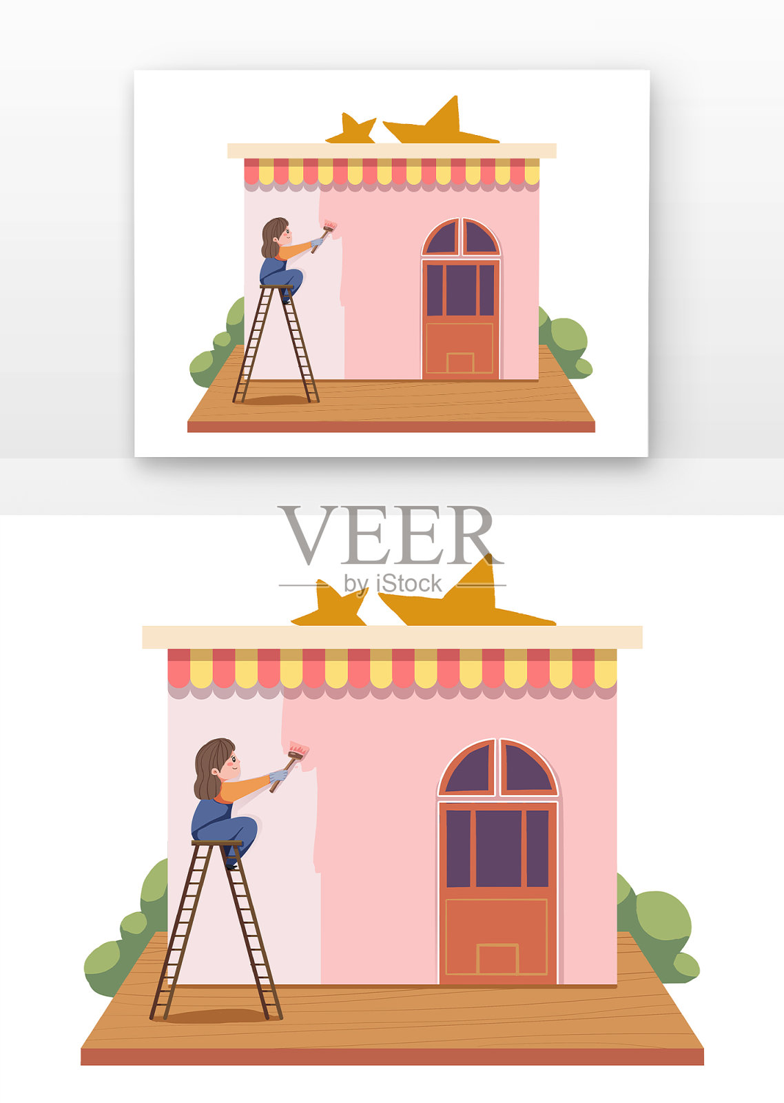 扁平风女孩坐在梯子上刷墙面图设计元素图片