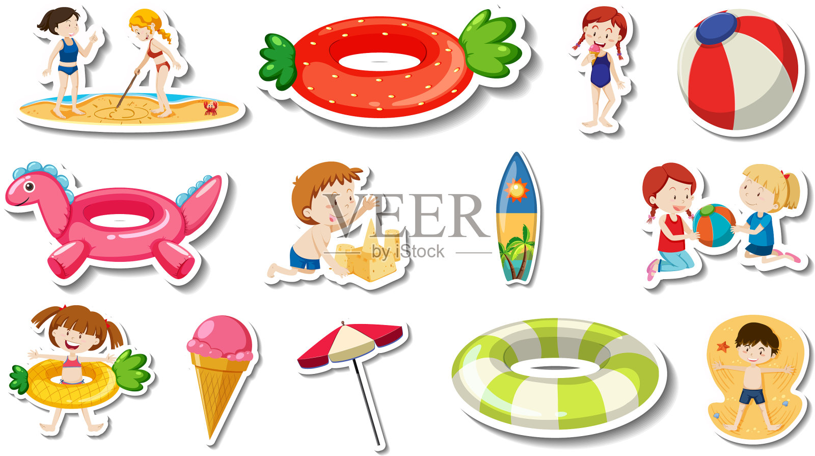 一套夏天的海滩项目和孩子图标素材