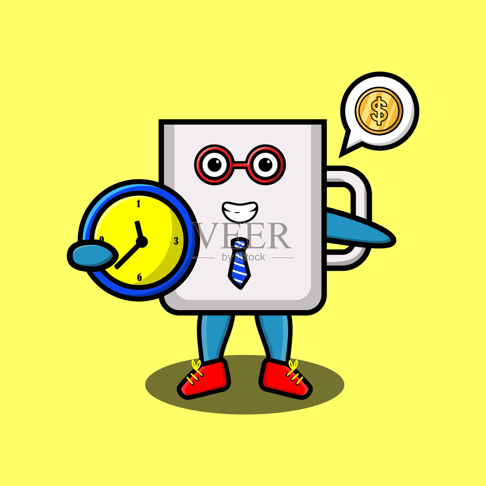 可爱的卡通马克杯人物手持时钟插画图片素材