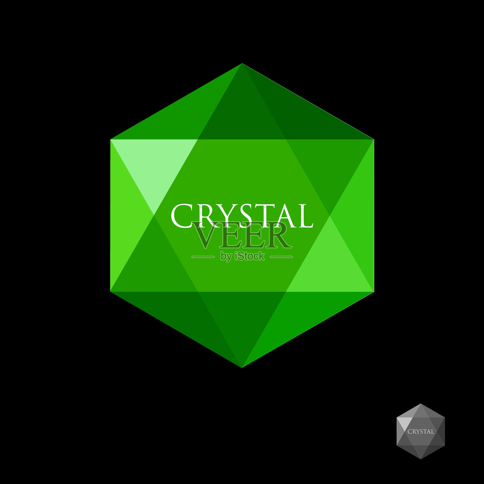 绿水晶象征。黑色背景上的水晶。游戏图标的徽章。插画图片素材