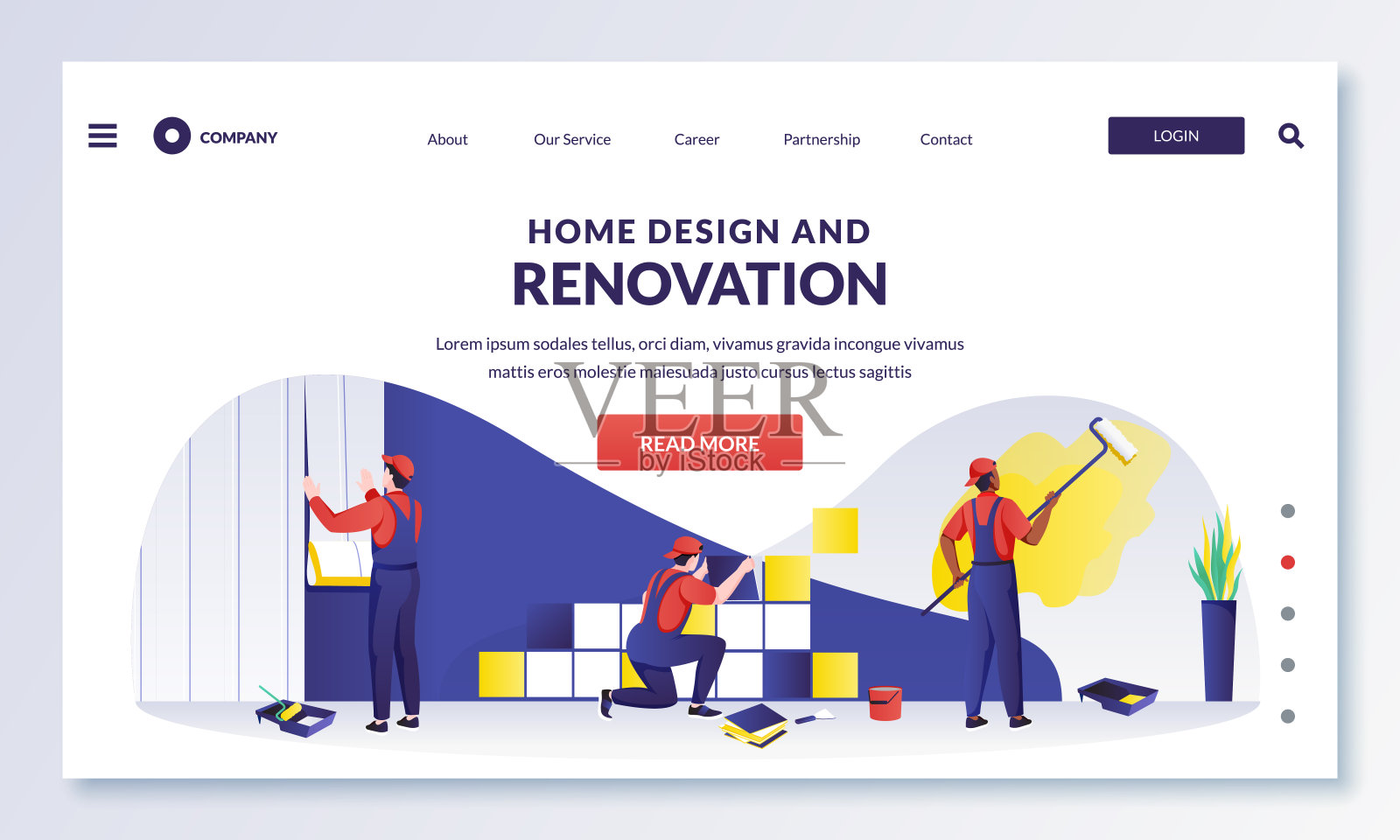 工人们从事家居设计装修工作。矢量平面卡通插图。家居装修装修服务理念插画图片素材