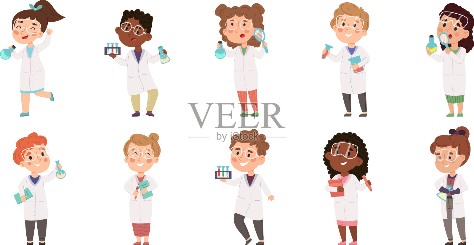 科学孩子，做化学实验的孩子插画图片素材