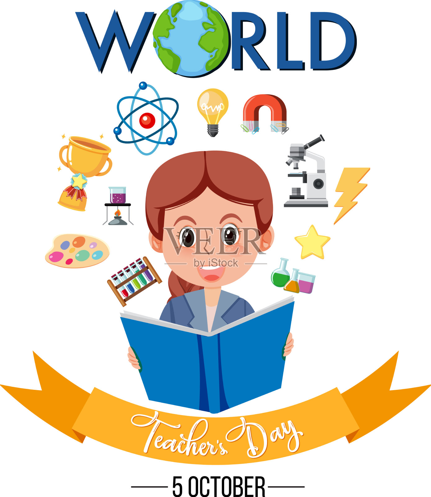 世界教师节横幅上挂着一位女教师插画图片素材