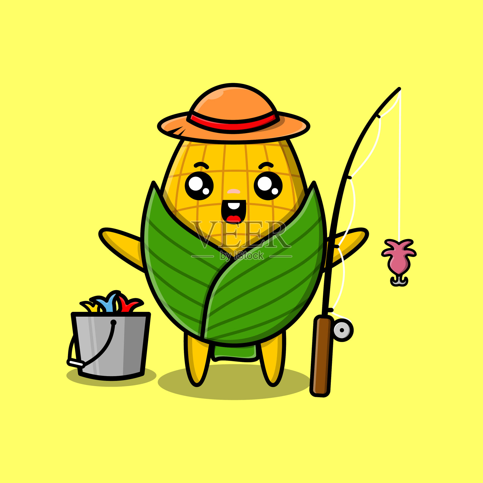 可爱的卡通玉米钓鱼插画图片素材
