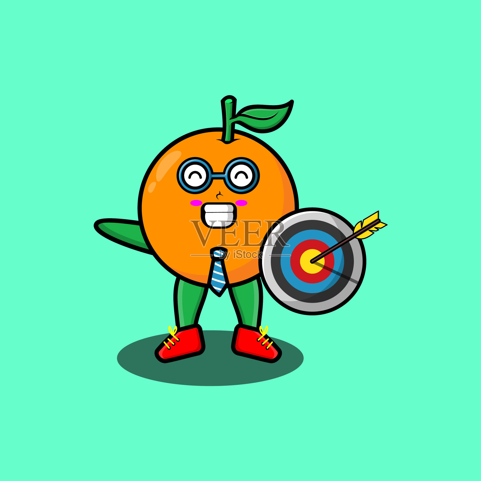 可爱的卡通橙色商人目标和箭头插画图片素材
