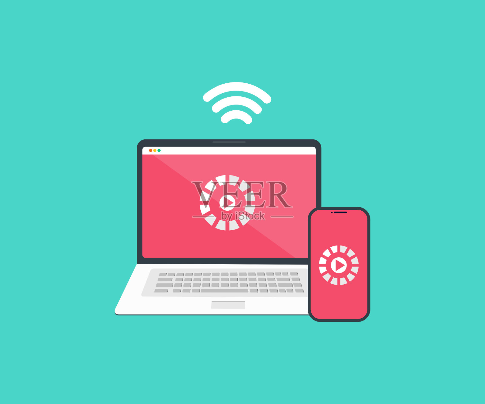 笔记本电脑到手机流媒体视频电影服务或手机智能手机屏幕。传播与广播智能技术矢量设计与插画。插画图片素材