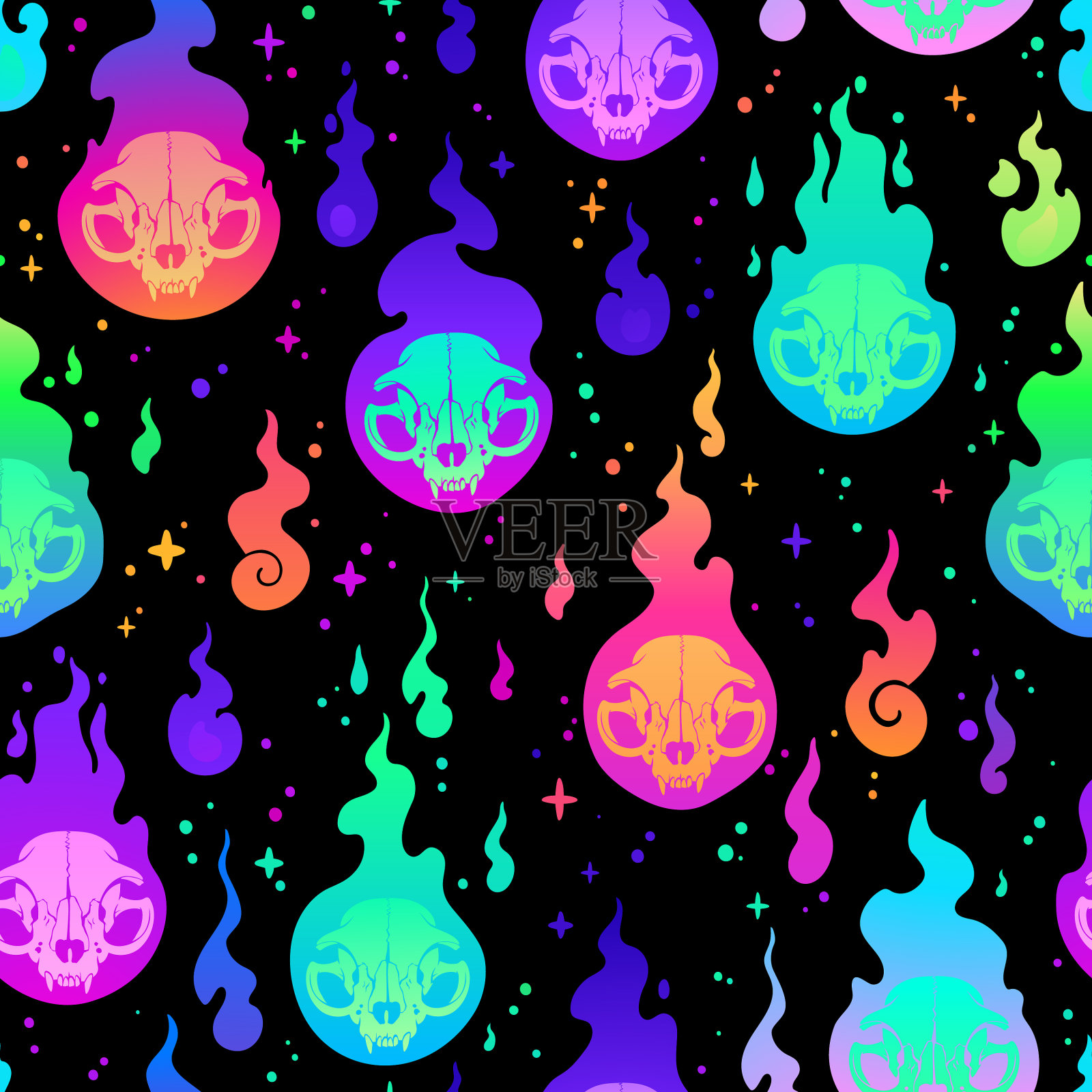 可爱的彩虹动物头骨在火焰插画图片素材