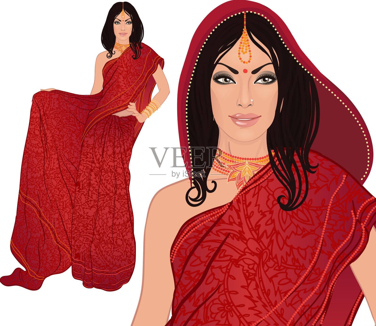 美丽的印度女人穿着新娘装插画图片素材