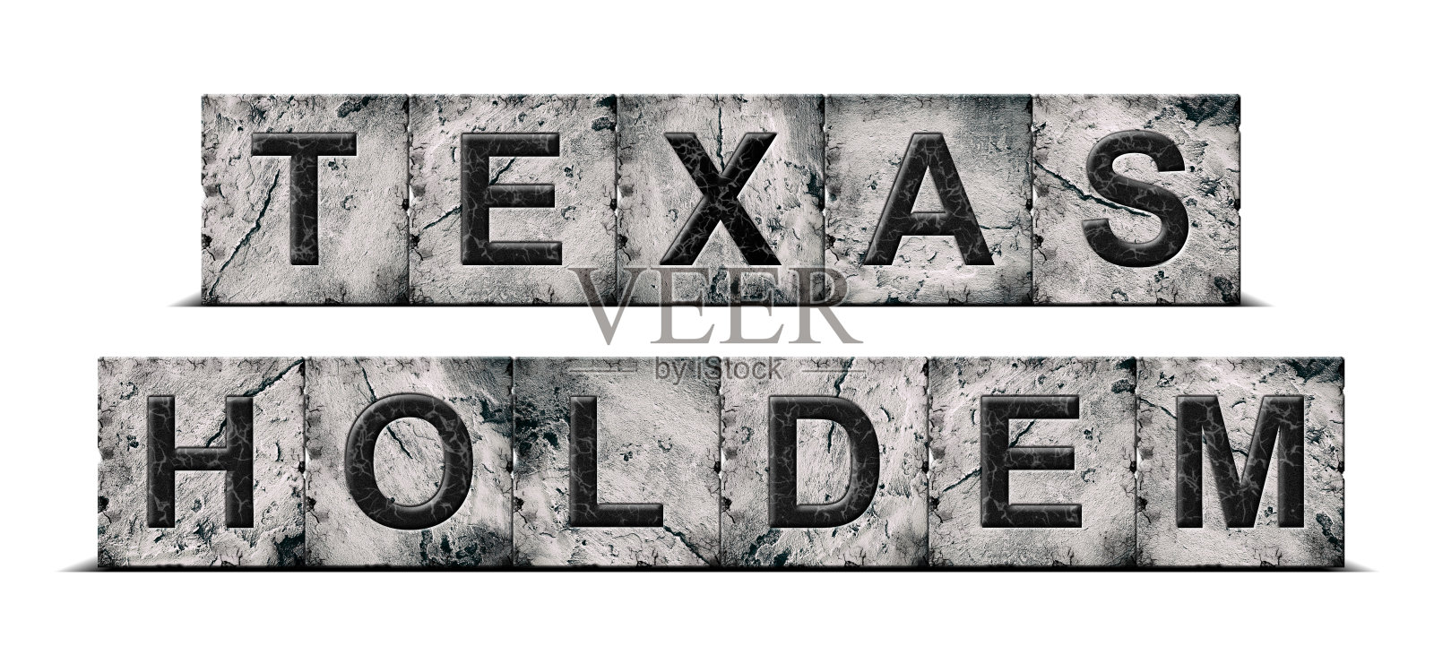 德州扑克，写在石头上，白底孤立。设计元素。扑克。赌博。照片摄影图片