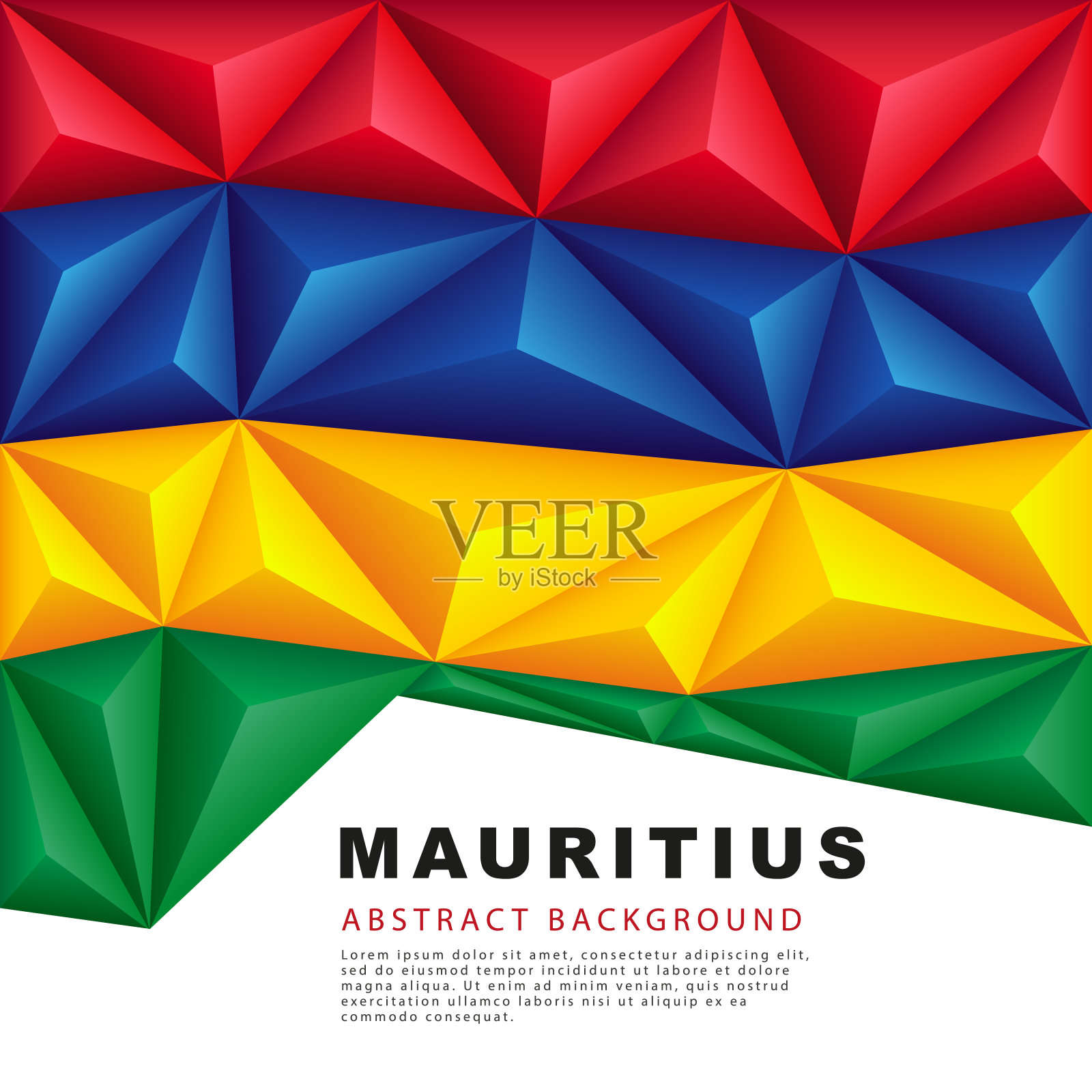 毛里求斯的多边形旗。矢量插图。抽象背景以彩色的红、蓝、黄、绿条纹的形式呈现插画图片素材