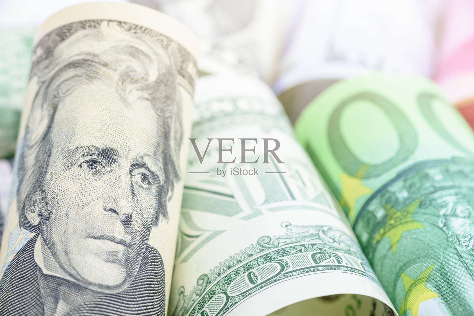 特写图片:美国前总统安德鲁·杰克逊，美国货币概念。由美国联邦储备委员会发行的法案，美国政府中央银行体系，职责:控制和缓解金融危机照片摄影图片