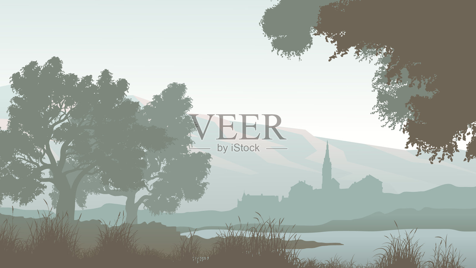 湖的水平与树木和村庄插画图片素材