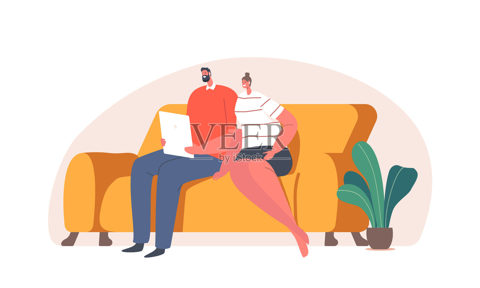 一对男女角色坐在沙发上设计元素图片