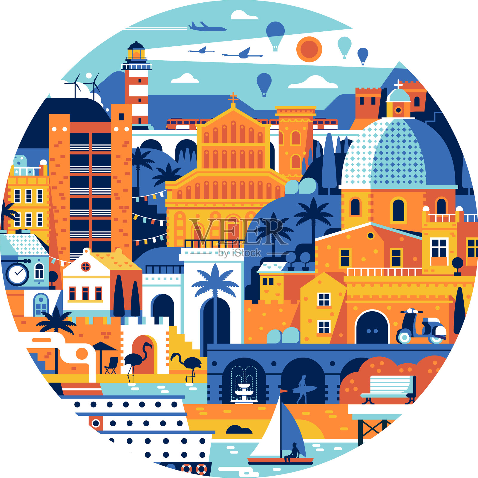 夏季地中海小镇圈海报或印刷品设计元素图片