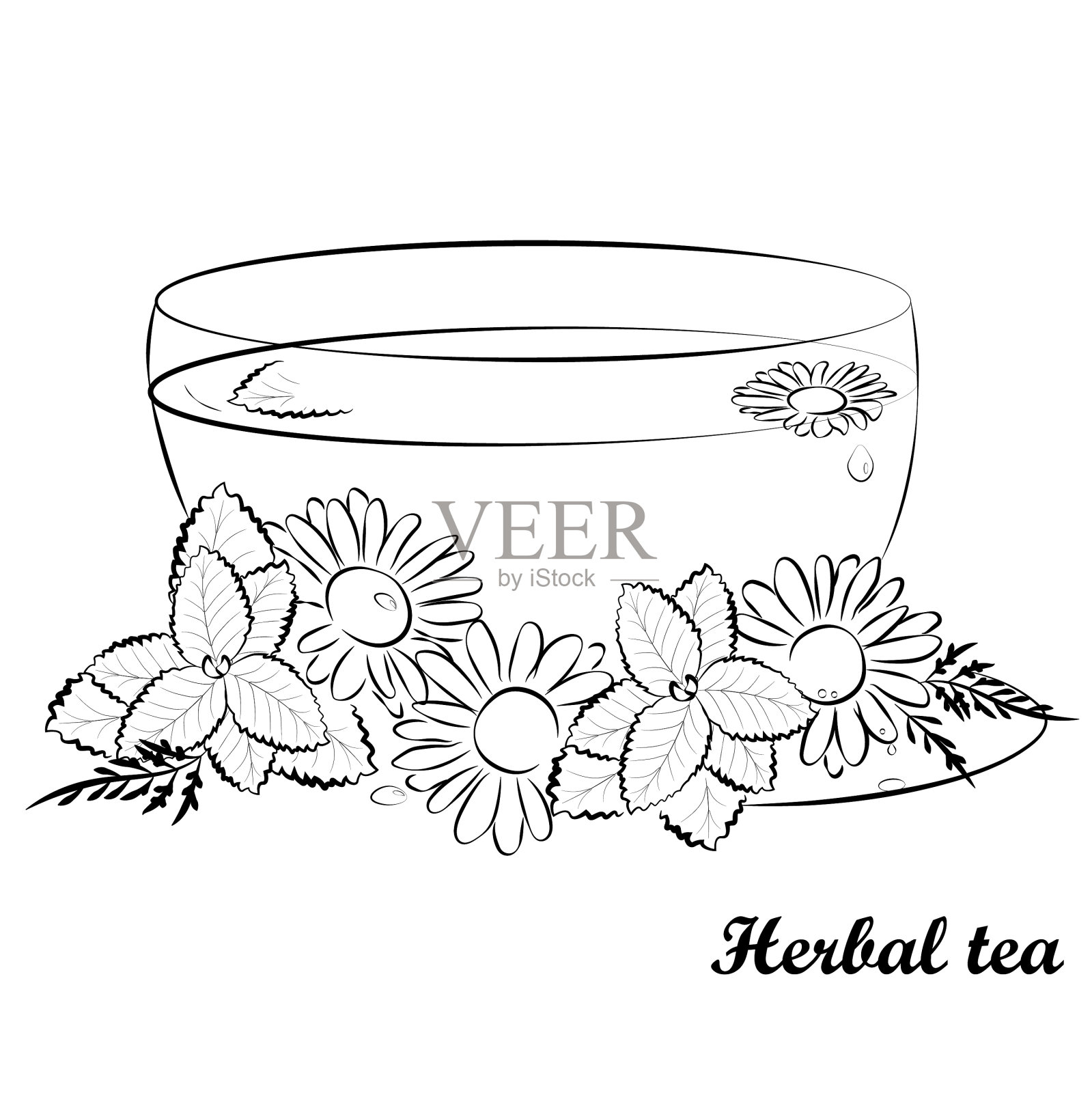 花草茶杯剪影孤立插画图片素材