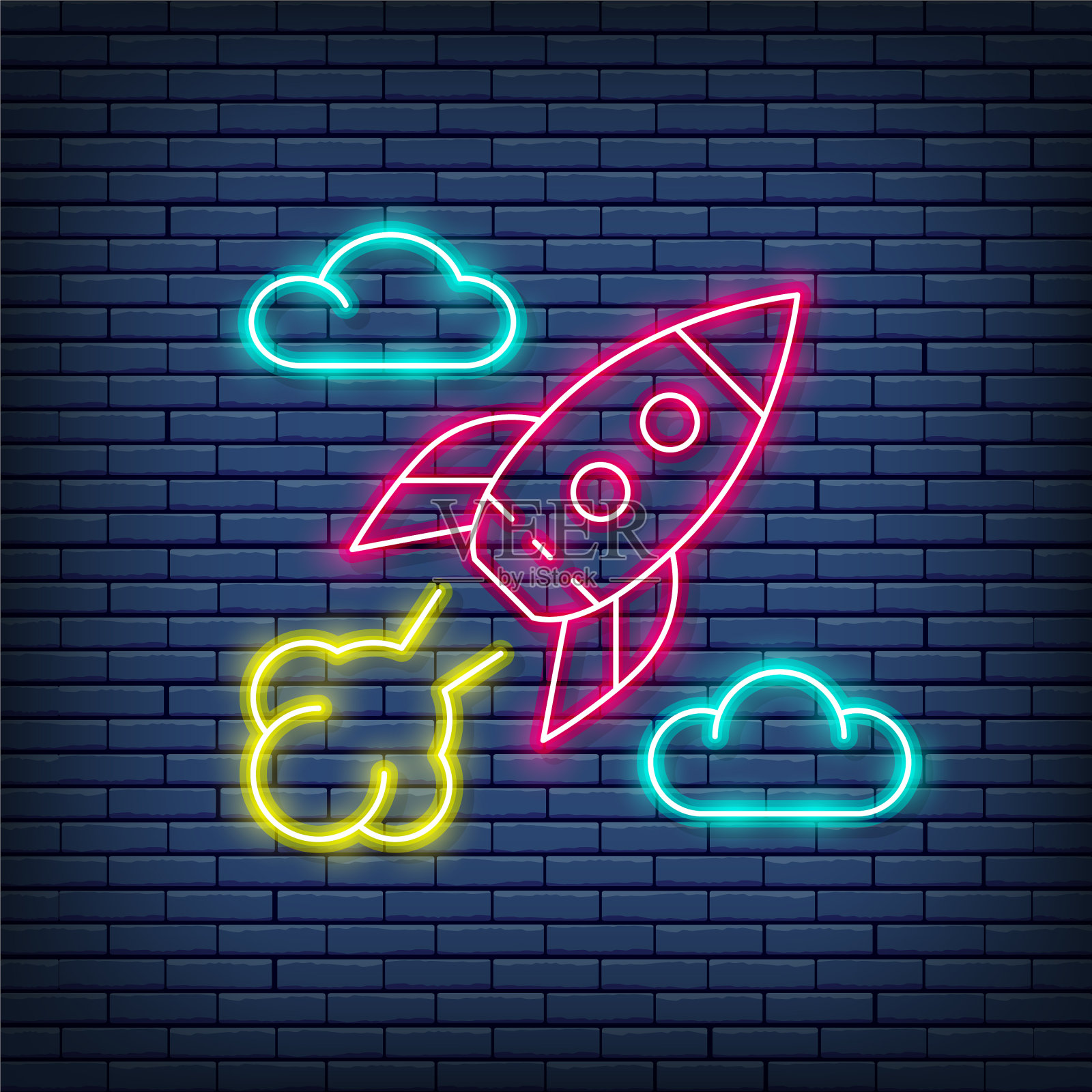 火箭启动霓虹灯孤立在一个插画图片素材