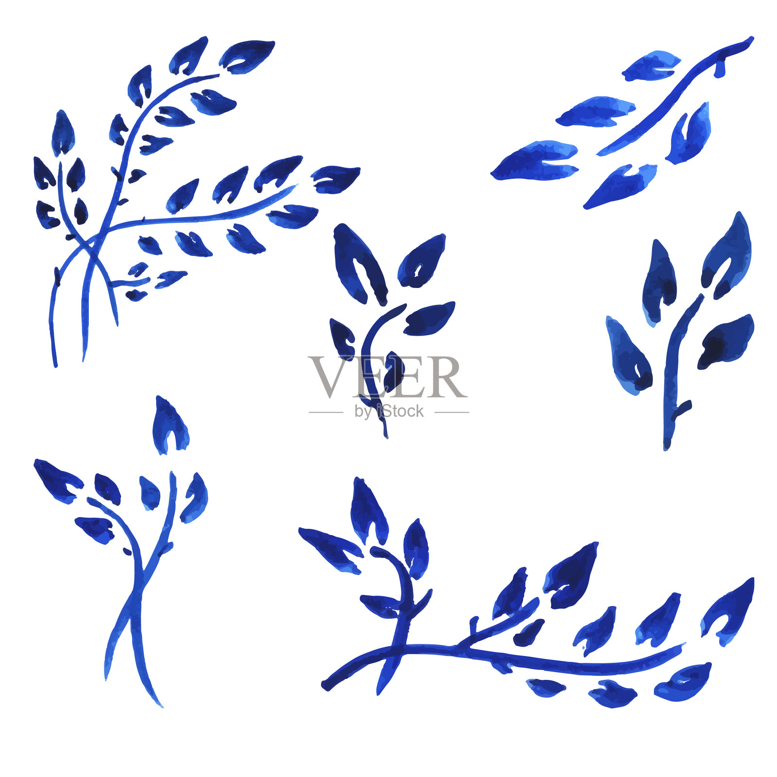 手绘树枝和树叶水粉插画图片素材