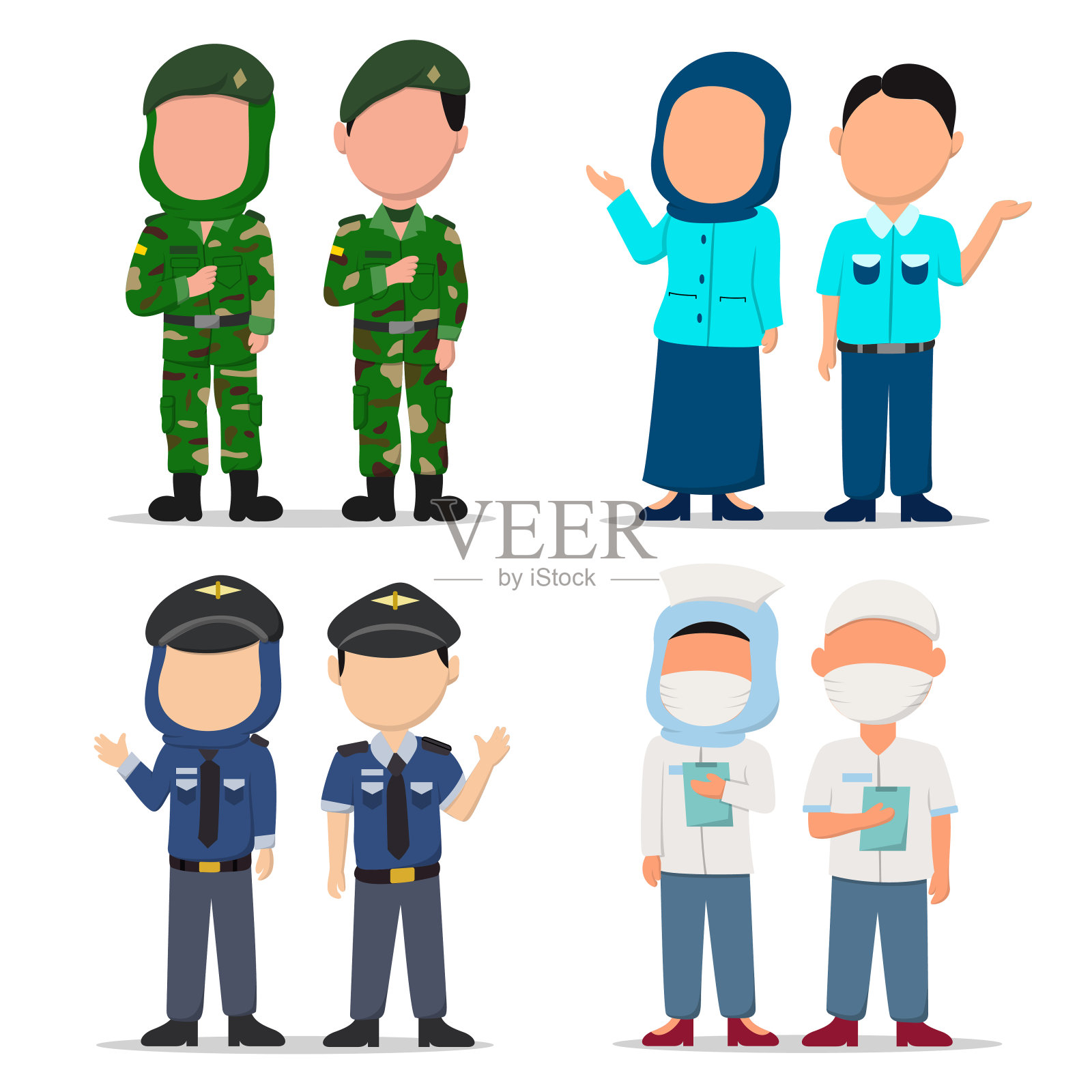 一套穆斯林人在制服平面设计师插画图片素材