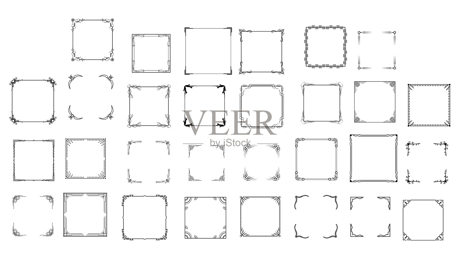 设置黑色简单线条框架集合涂鸦方形花卉框架元素向量设计风格素描横幅孤立插图插画图片素材