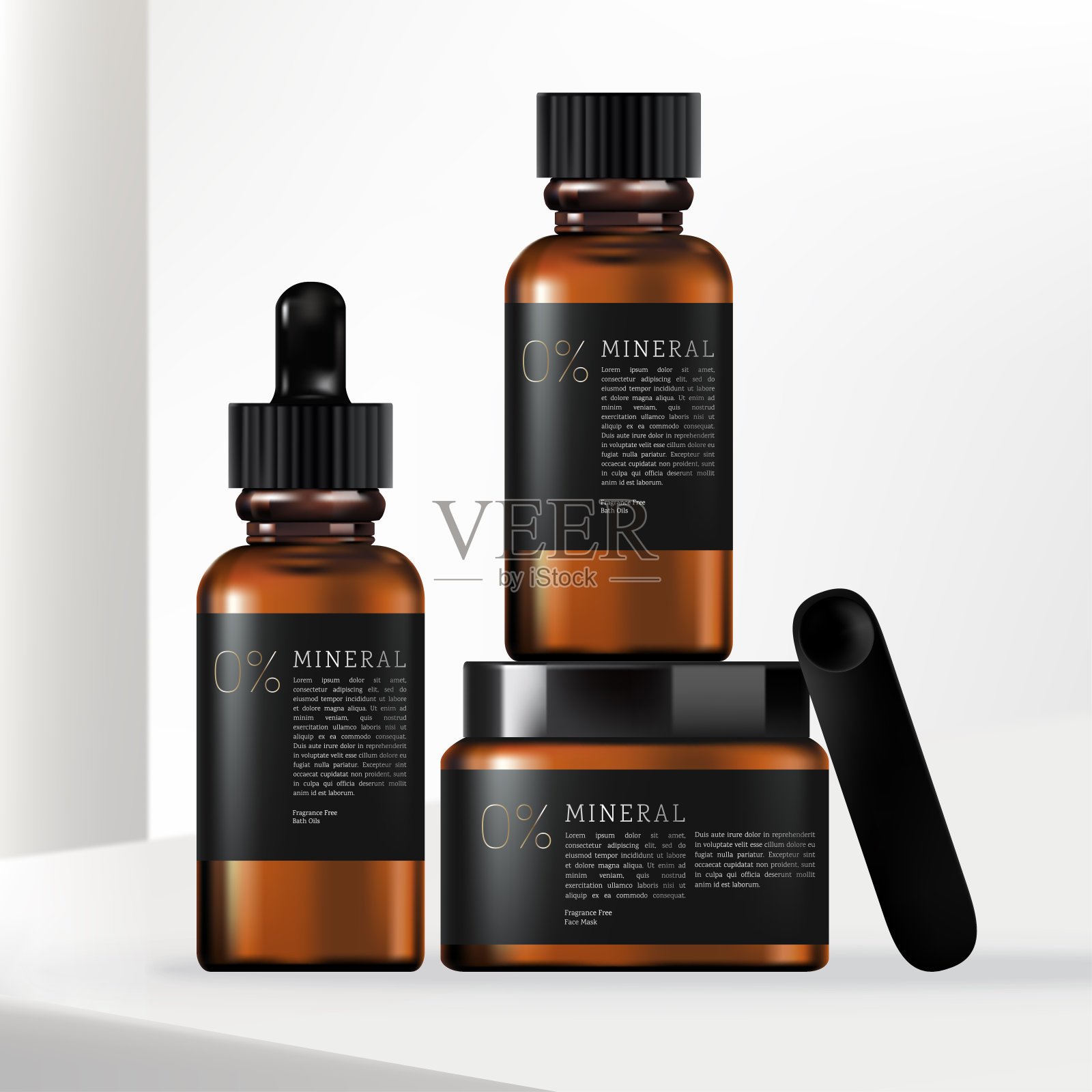 矢量3D插图着色棕色玻璃或塑料坛子，泵瓶，滴管，手霜管包装集极简缠绕标签设计插画图片素材