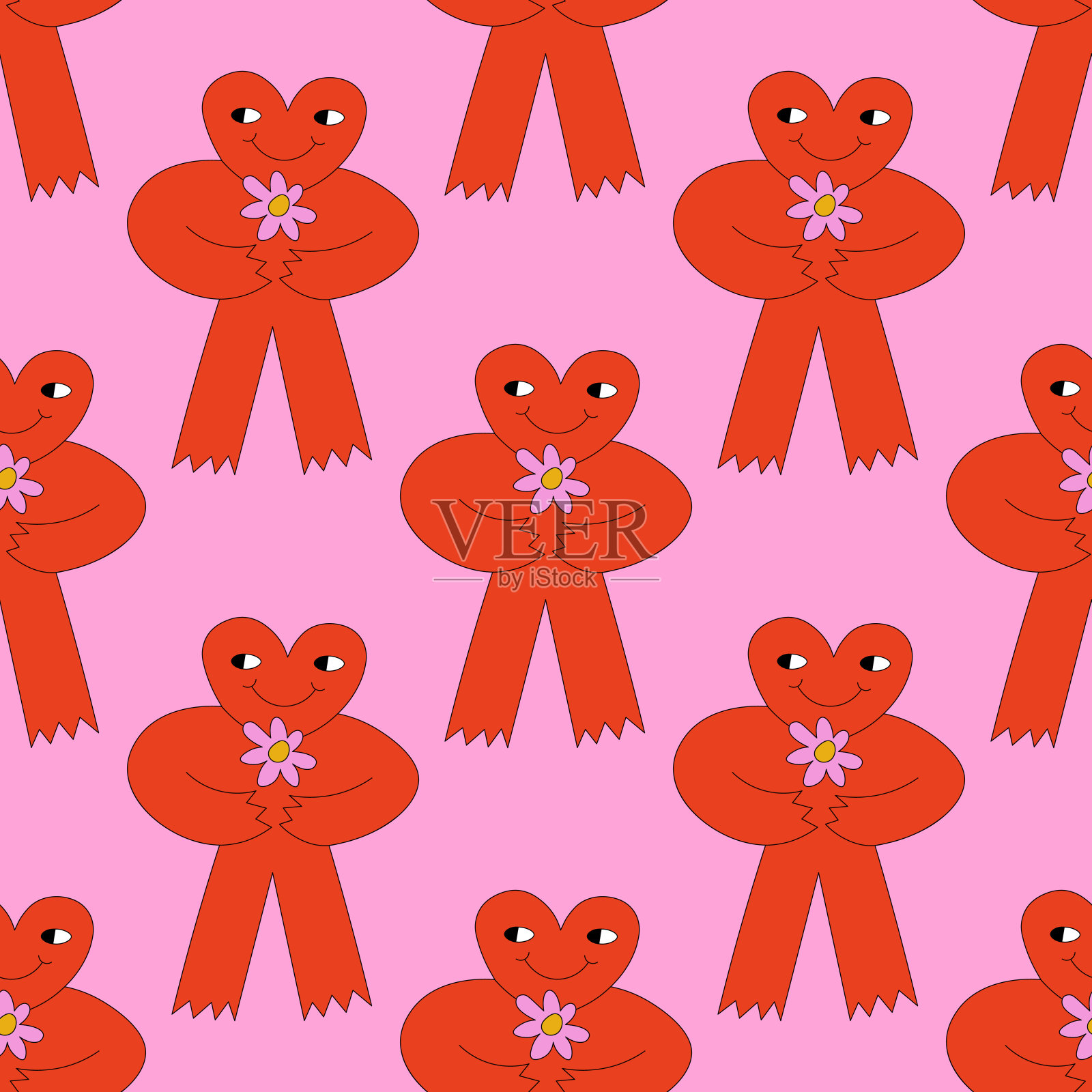 方形矢量无缝图案-红色爱心字符嬉皮风格。1970年的良好氛围。时髦而又时髦的1970年情人节。1960年时髦的迷幻装饰。有趣疯狂古怪的背景插画图片素材