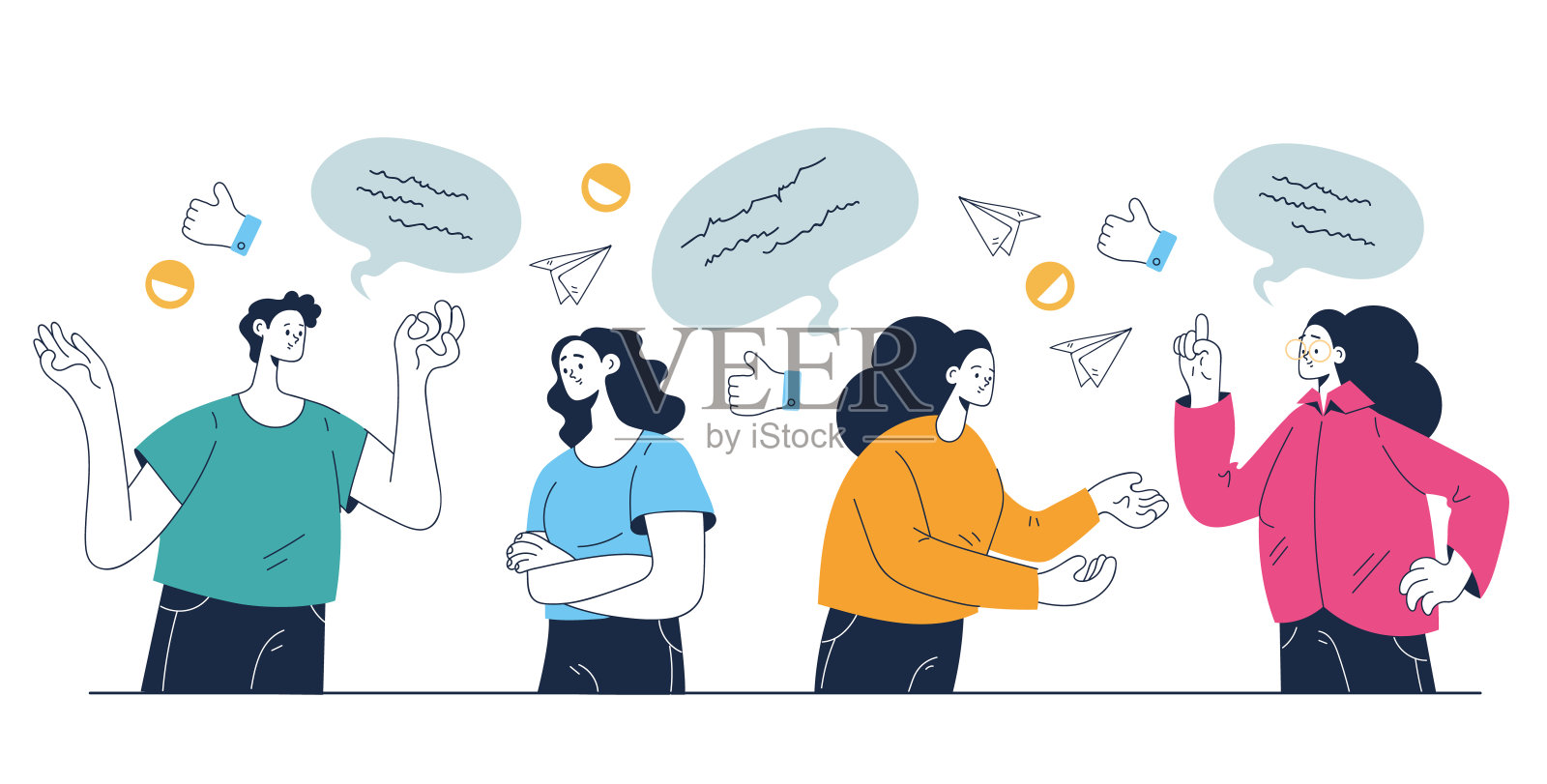 人们同事男女角色谈话讨论，有对话概念。矢量平面设计元素插图插画图片素材