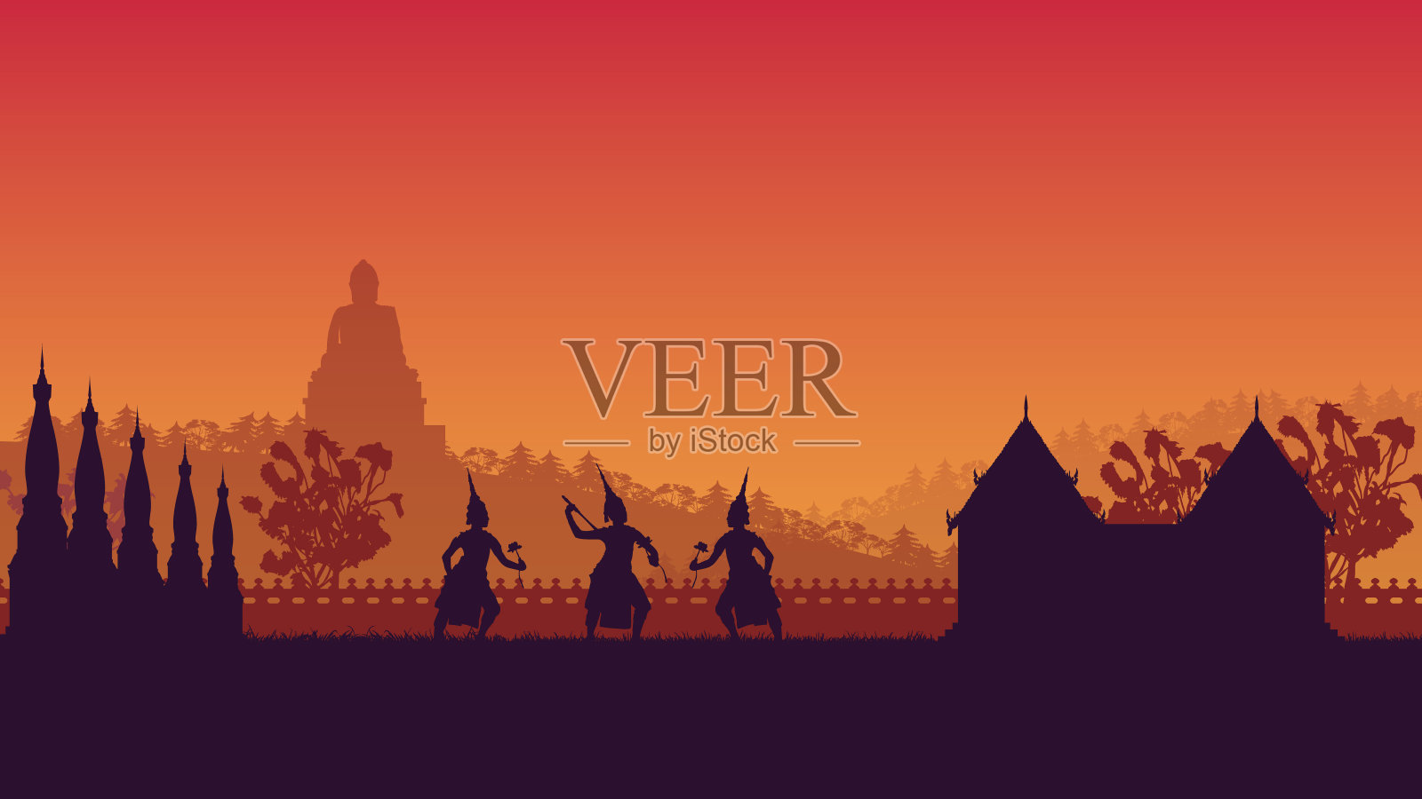 传统泰国舞蹈的剪影在梯度背景插画图片素材