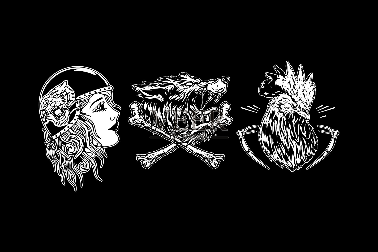 标志头女人头狼头公鸡插画图片素材